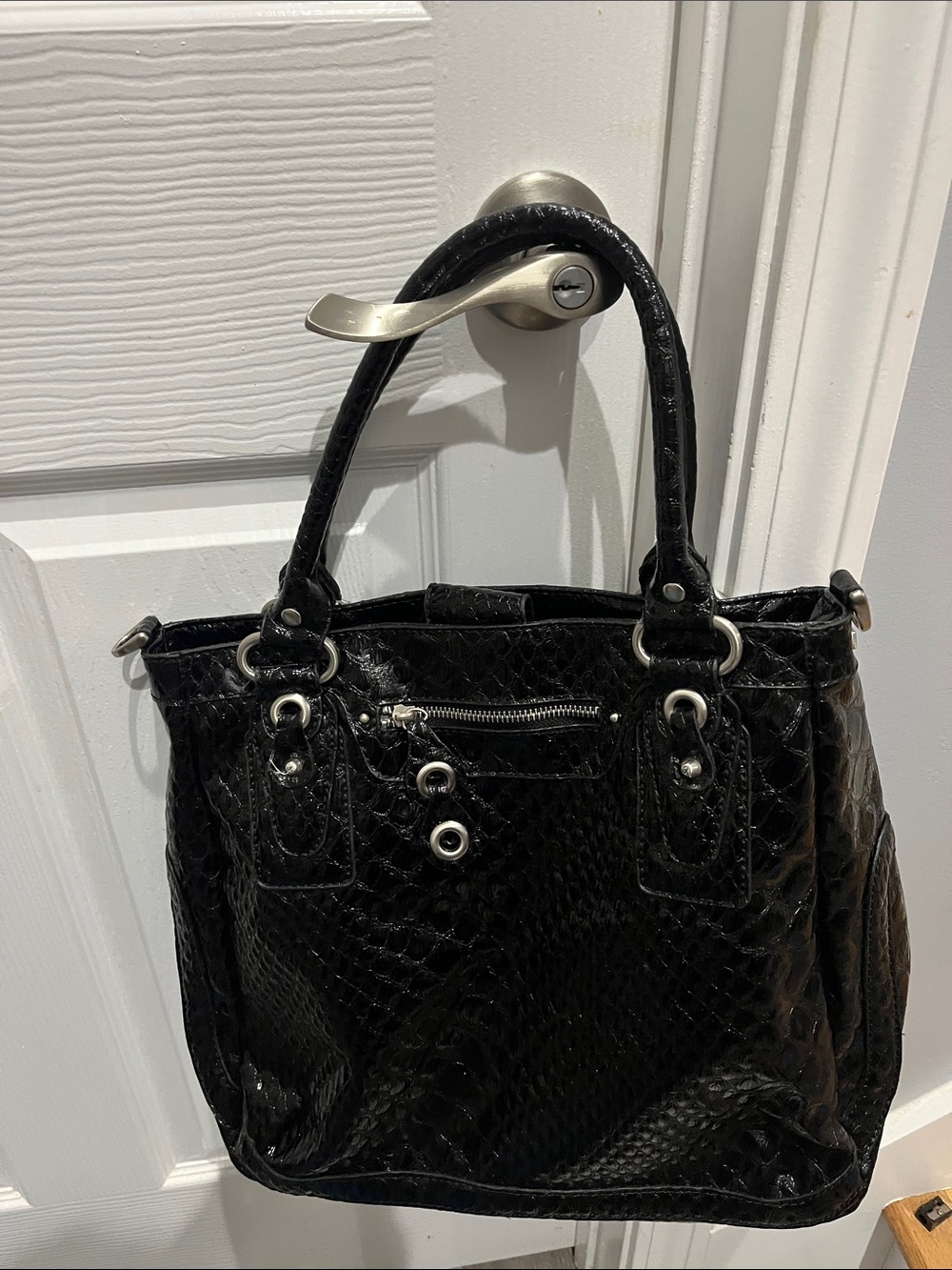 Jessica Simpson Black Faux-Snake Shoulder Bag with Silver Hardware